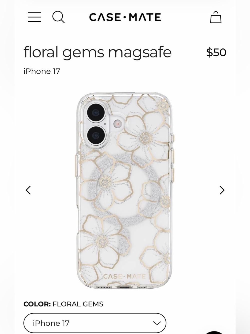 Case-Mate Floral Gems MagSafe iPhone 17 Case - Gold & Silver Floral